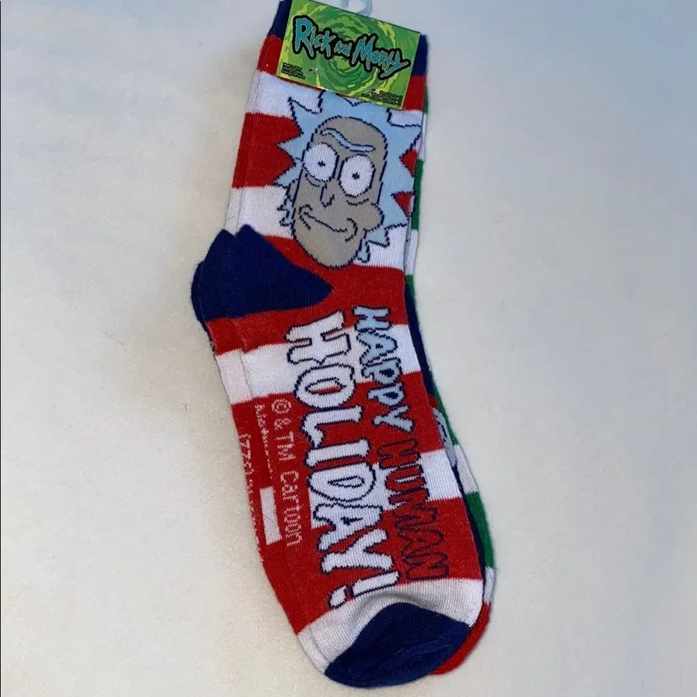 Rick and Morty Adult Swim 3-Pack Holiday Crew Socks Mens Shoe Size 6-12 New